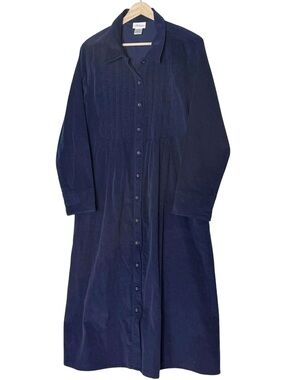 Vermont Country Store Pintuck Cotton Corduroy Midi Shirt Dress Size L Navy Blue